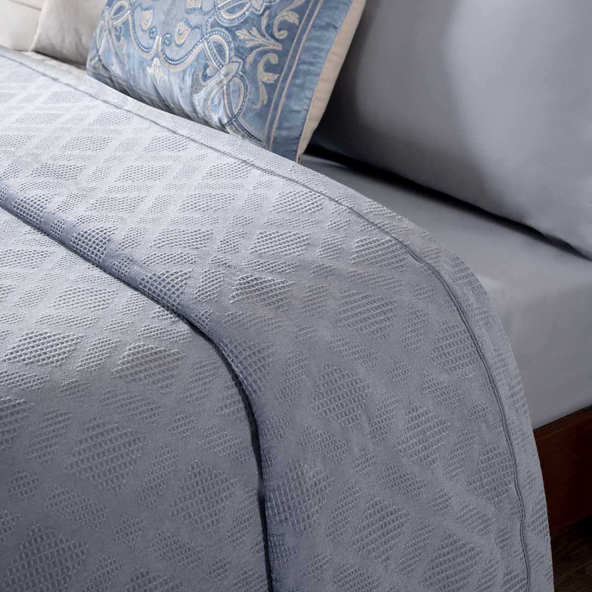 Ornamental Elegance Flip Flop Self Texture Blue Bed Cover/Bed Spread