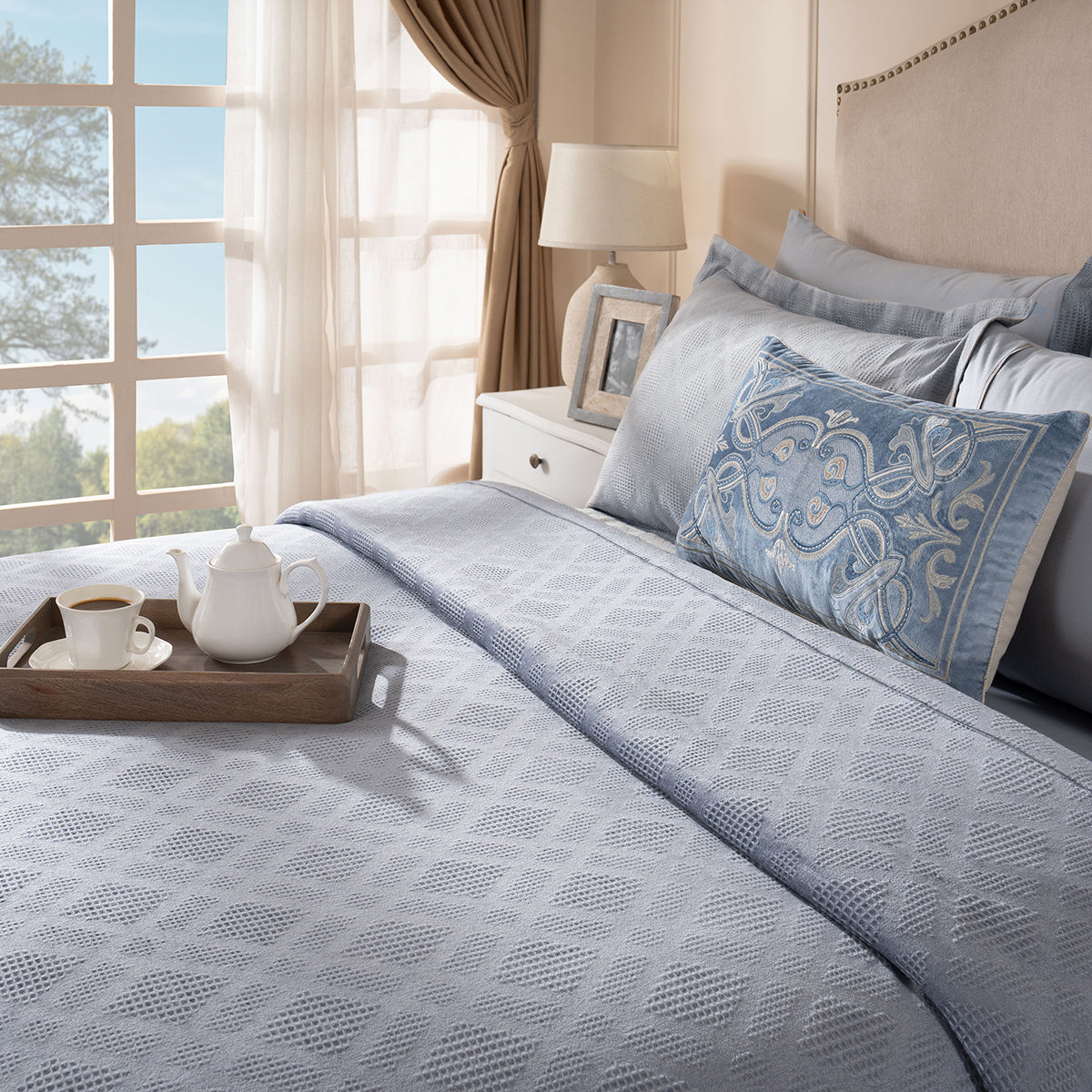 Ornamental Elegance Flip Flop Self Texture Blue Bed Cover/Bed Spread