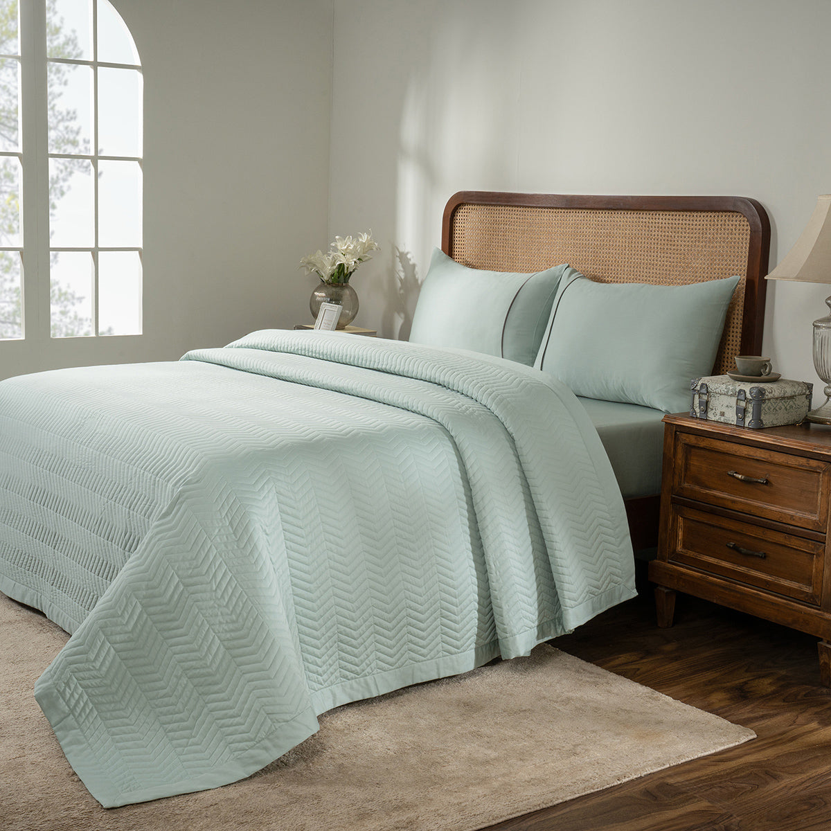 Colorart Penelope AC Quilt Set/Quilted Bed Cover Set/Comforter Misty Aqua