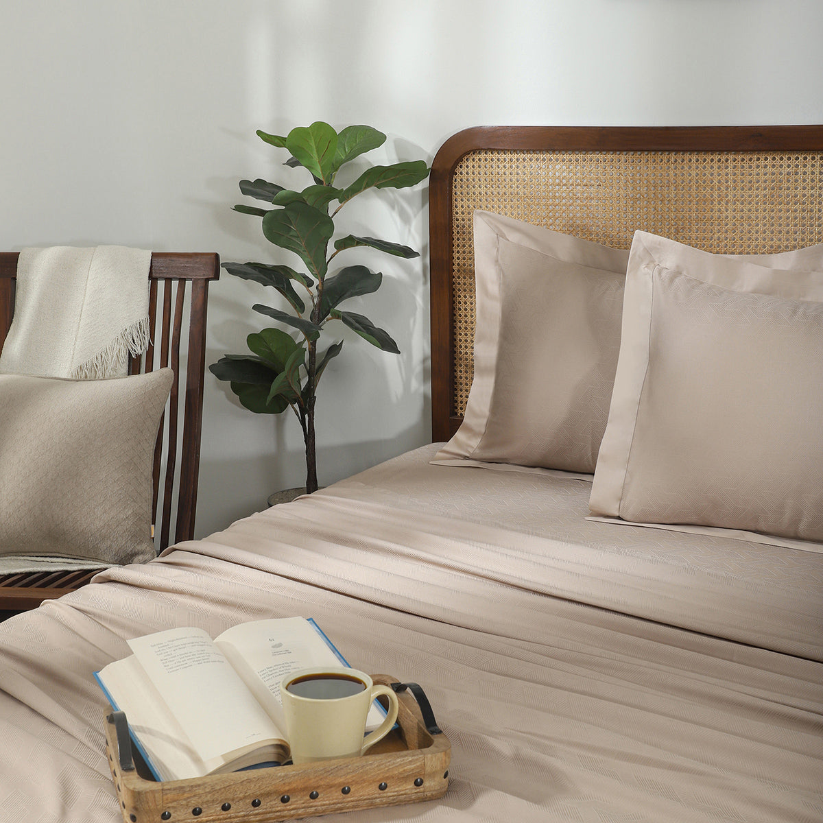 Bedsheet with Pillow Case Habitat 100% Cotton Jacquard Beige