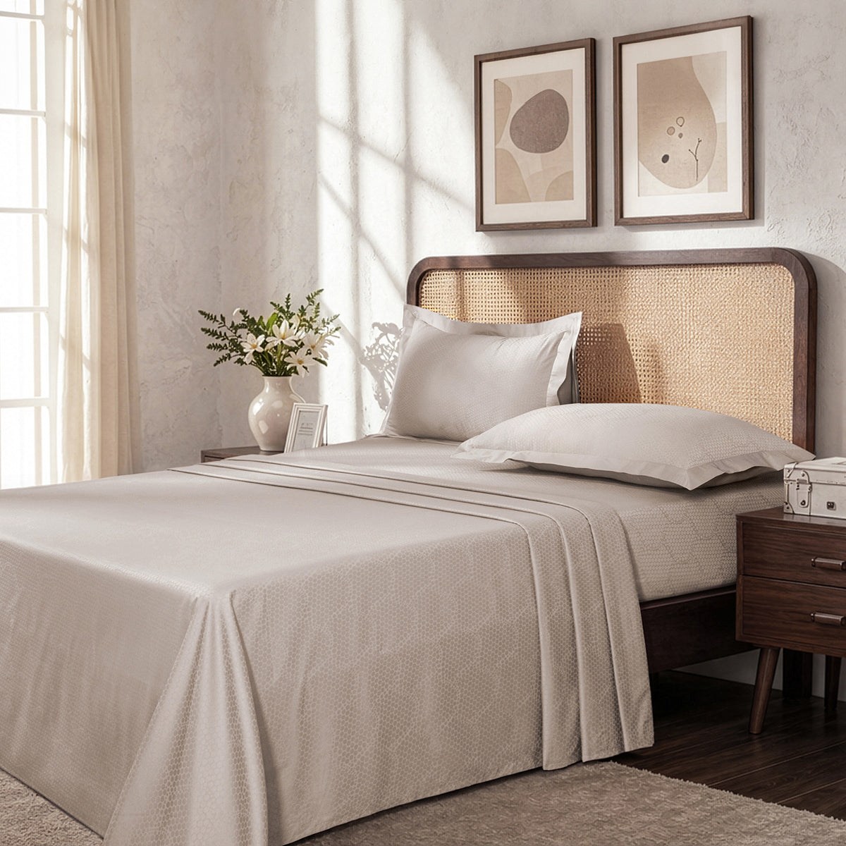 Bedsheet with Pillow Case Setai 100% Cotton Jacquard Beige