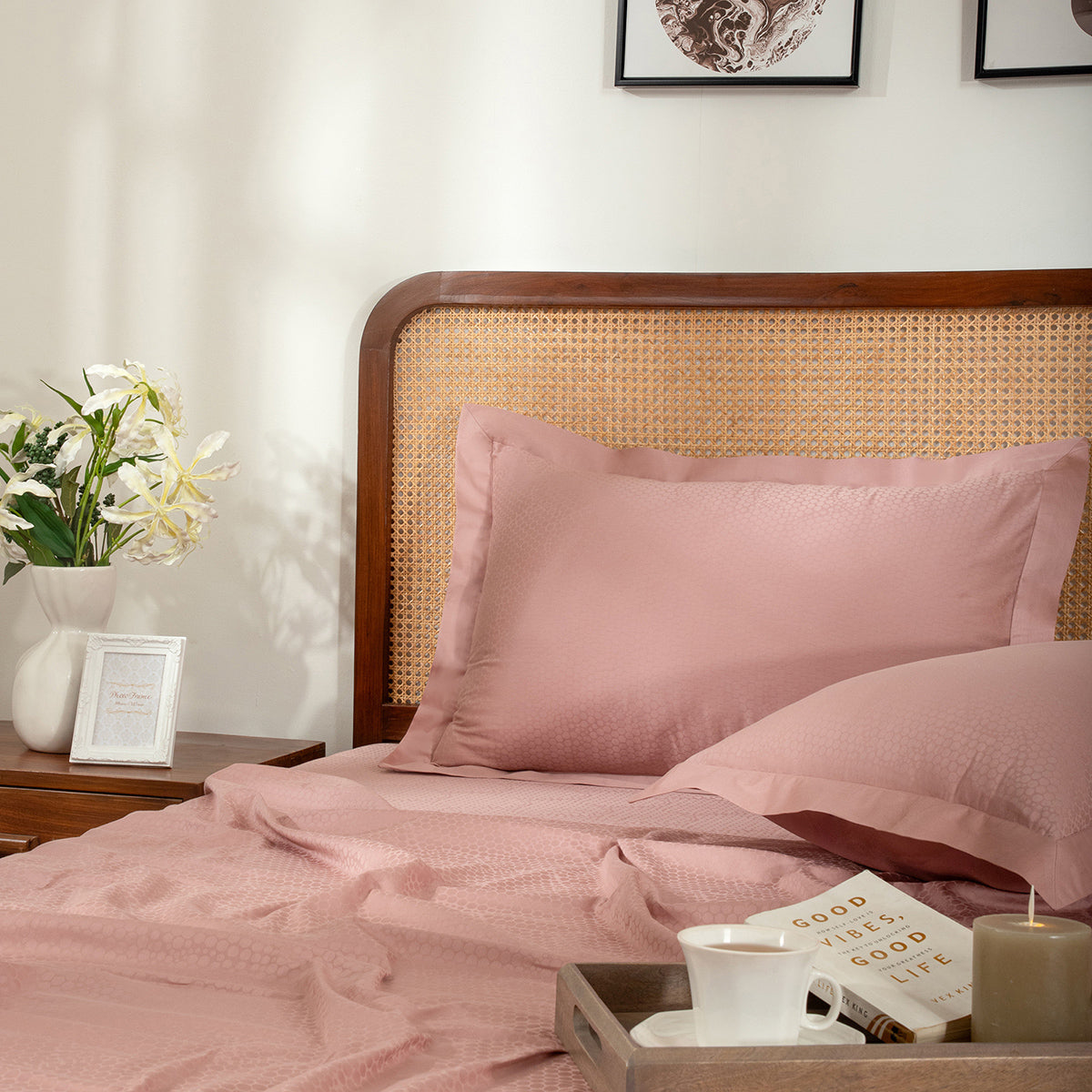 Bedsheet with Pillow Case Setai 100% Cotton Jacquard Blush