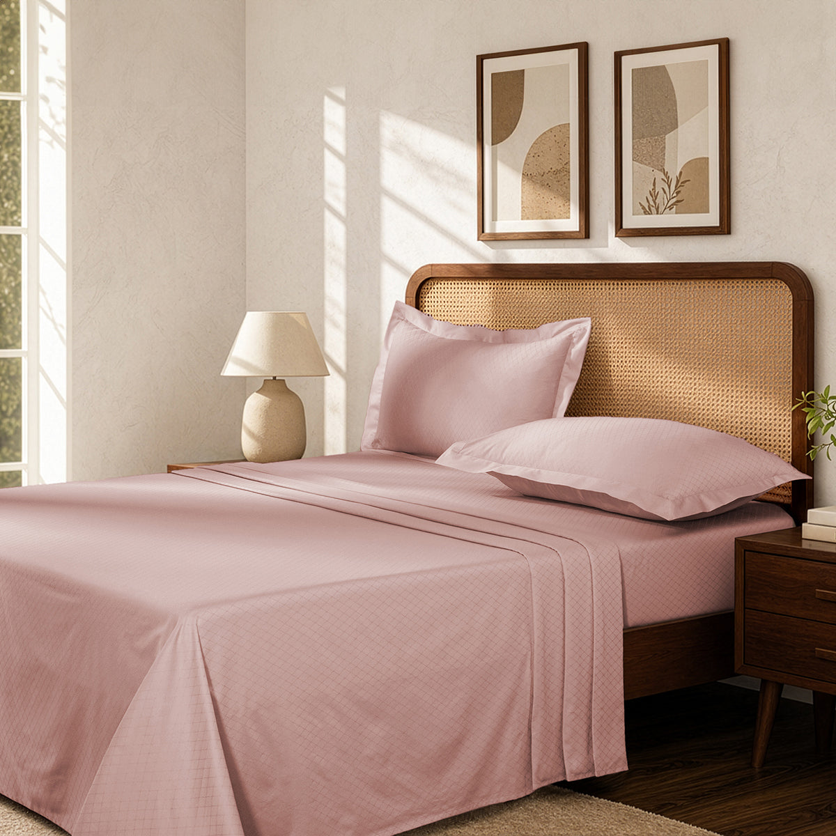Bedsheet with Pillow Case Fretwork 100% Cotton Jacquard Blush