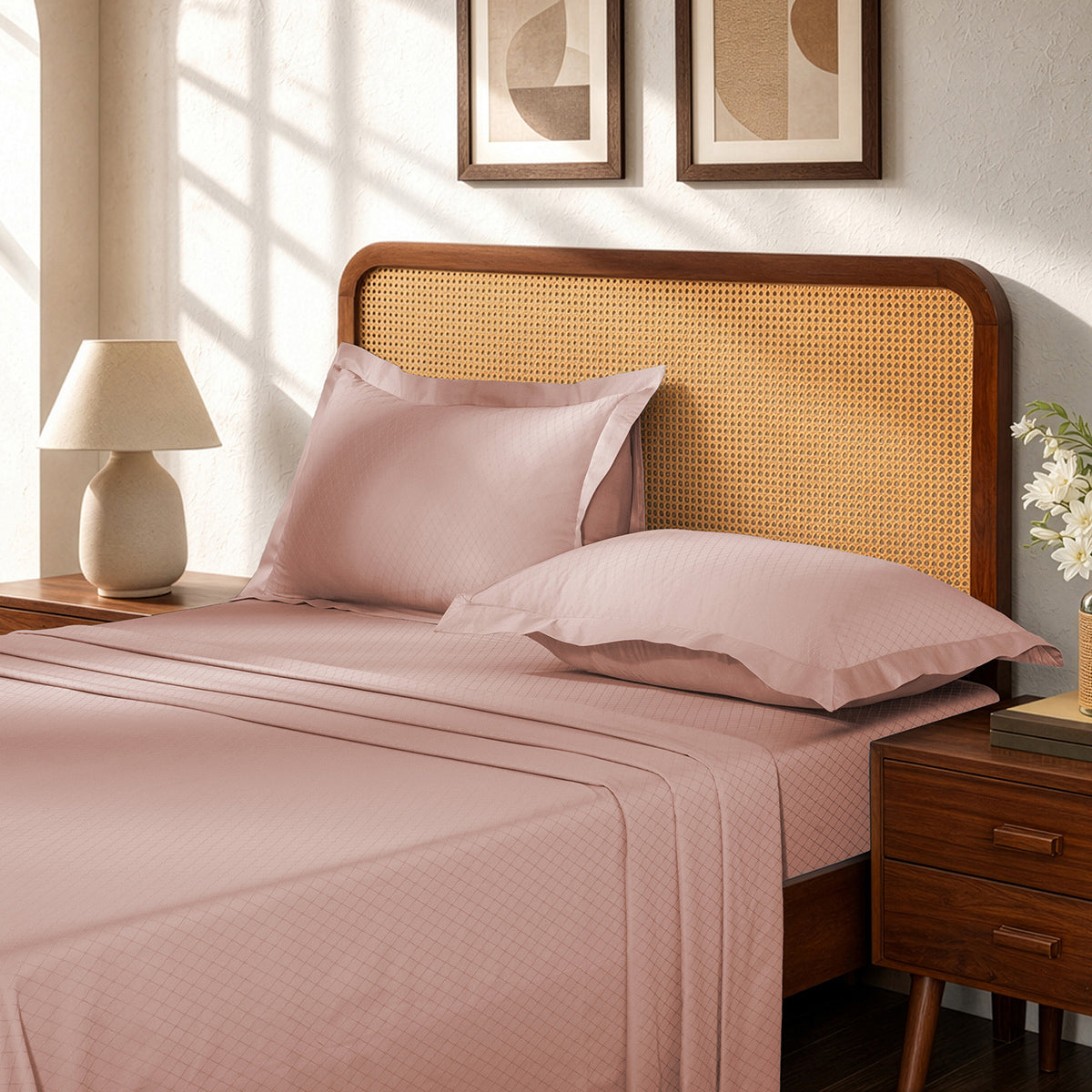 Bedsheet with Pillow Case Fretwork 100% Cotton Jacquard Blush