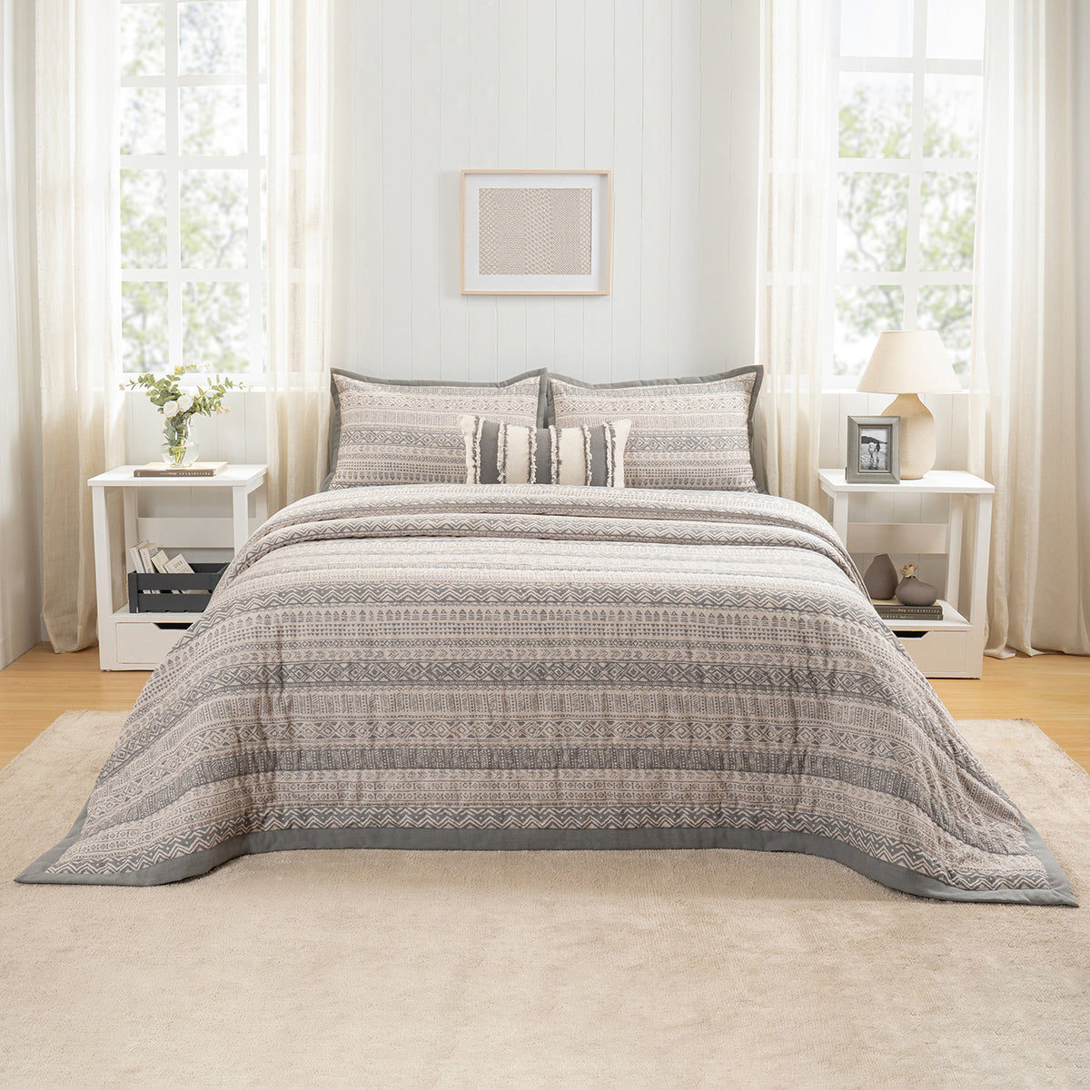 Quilt Set Grey Patternity Print 5Pcs Set Rurban Transit