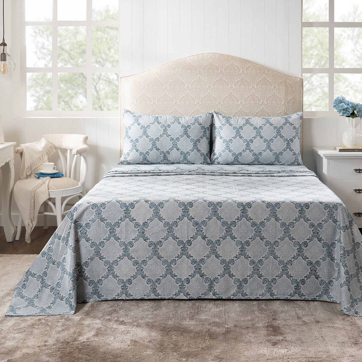 Bedsheet with Pillow Case 100% Cotton Blue Damascene Imperial Grace