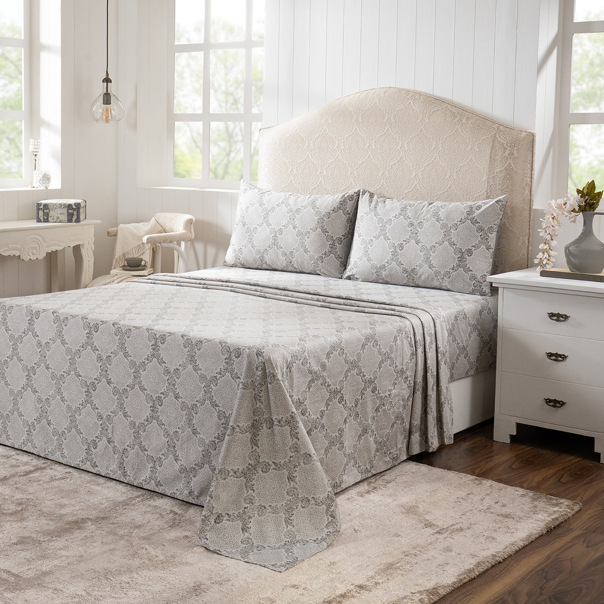 Bedsheet with Pillow Case 100% Cotton Grey Damascene Imperial Grace