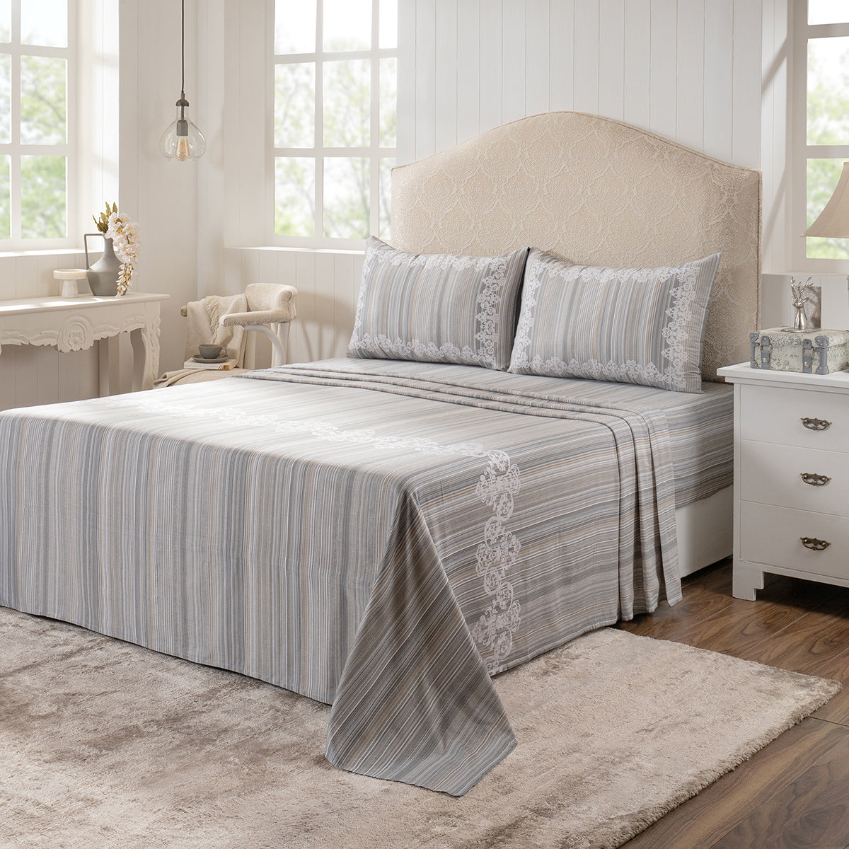 Bedsheet with Pillow Case 100% Cotton Grey Veloura Imperial Grace