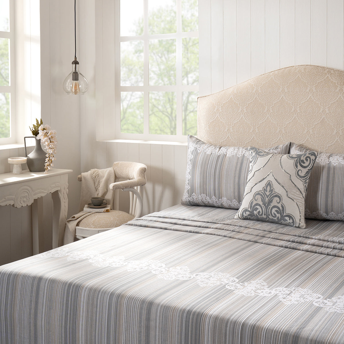 Bedsheet with Pillow Case 100% Cotton Grey Veloura Imperial Grace
