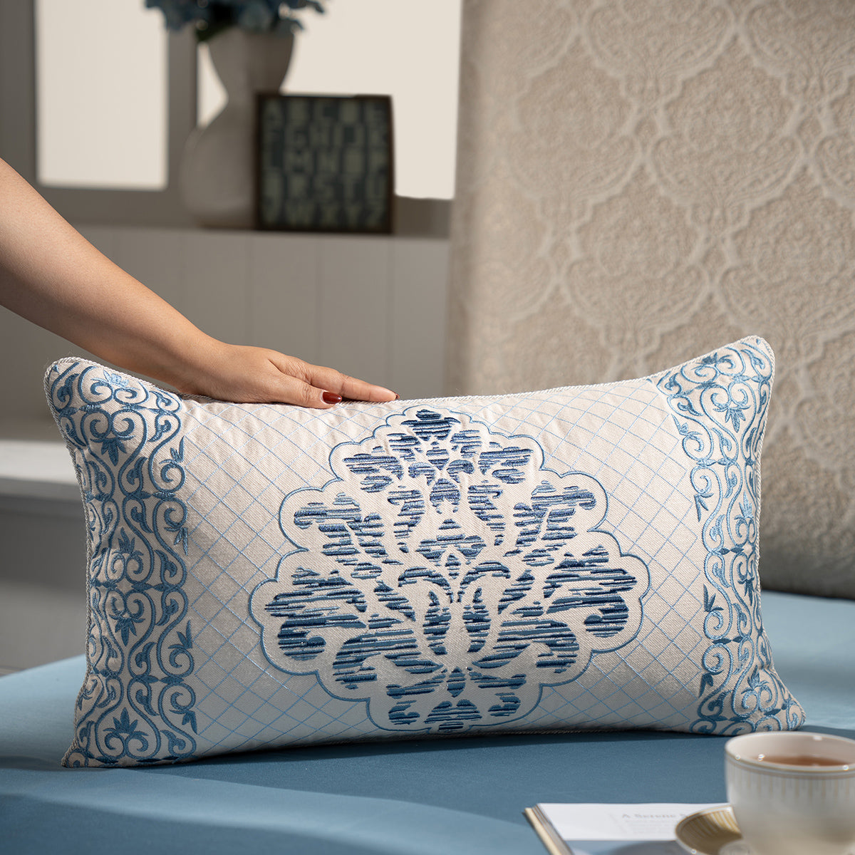 Cushion Cover Blue Aristo Damask Imperial Grace