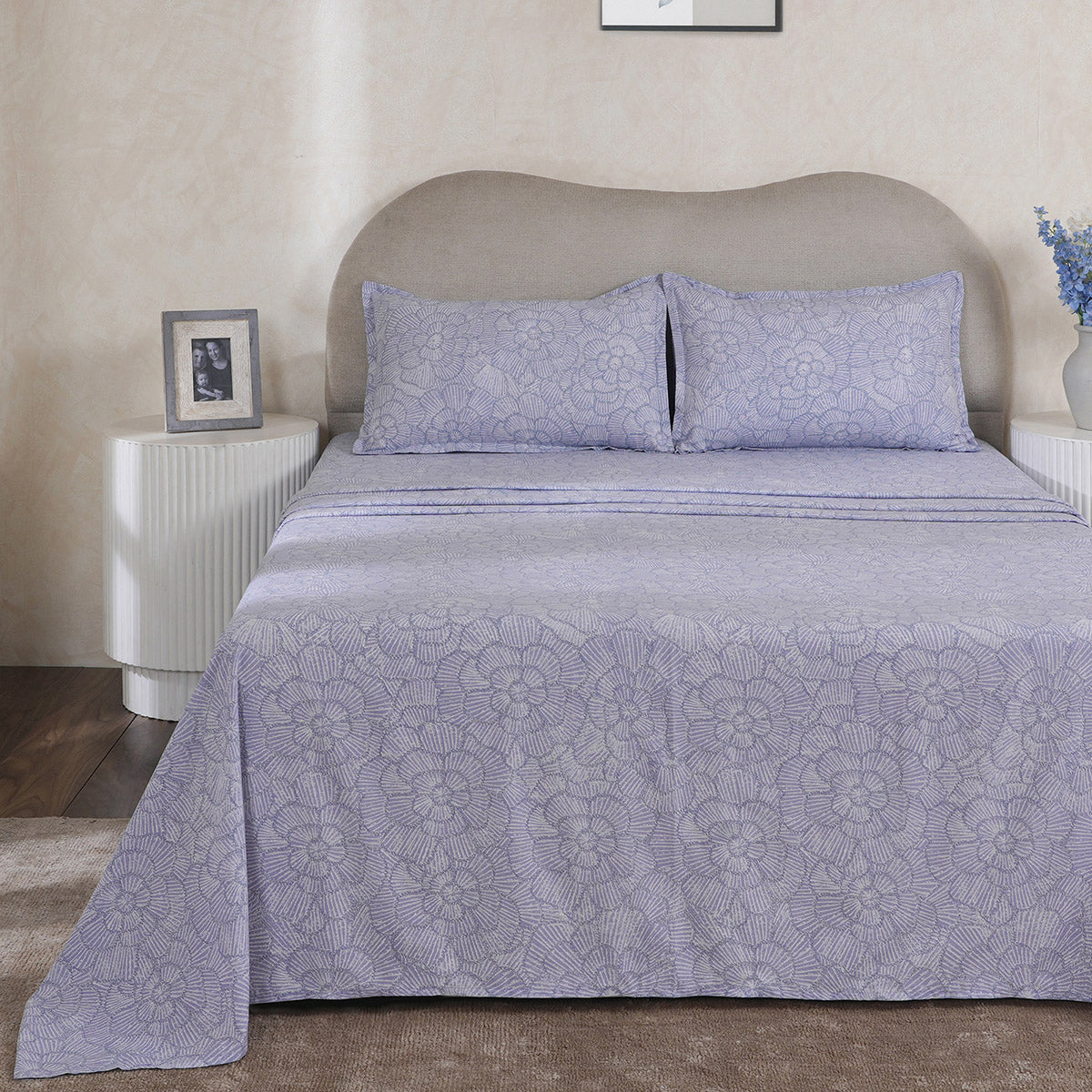 Hermosa Botanic Bloom Florique 100% Cotton Printed Bedsheet with Pillow Case Blue