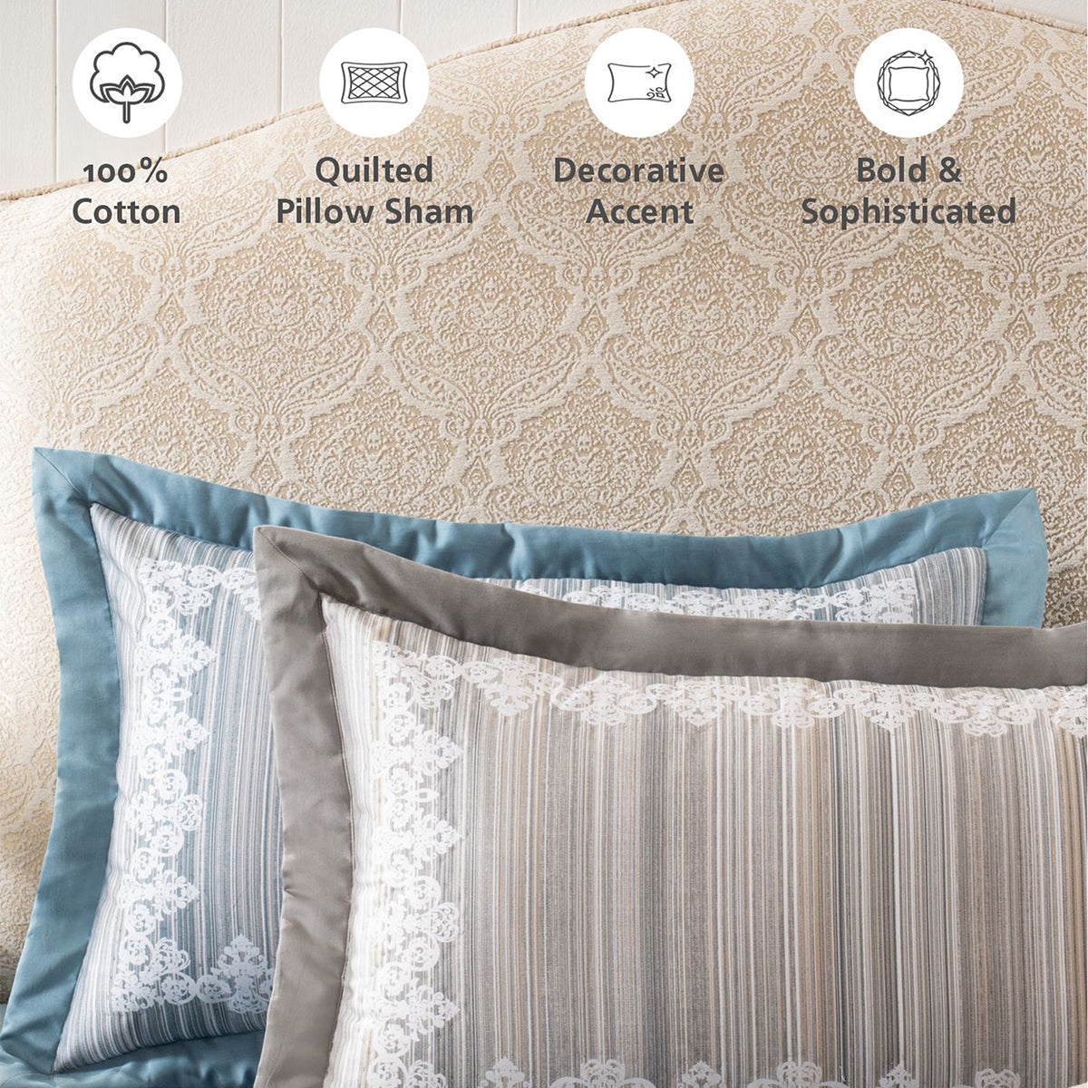 Pillow Sham Set 100% Cotton Grey Veloura Imperial Grace