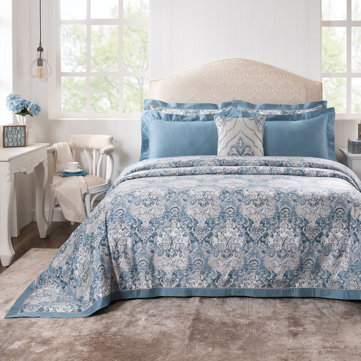 Duvet Cover Set 100% Cotton 8Pcs Blue Aquarelle Imperial Grace