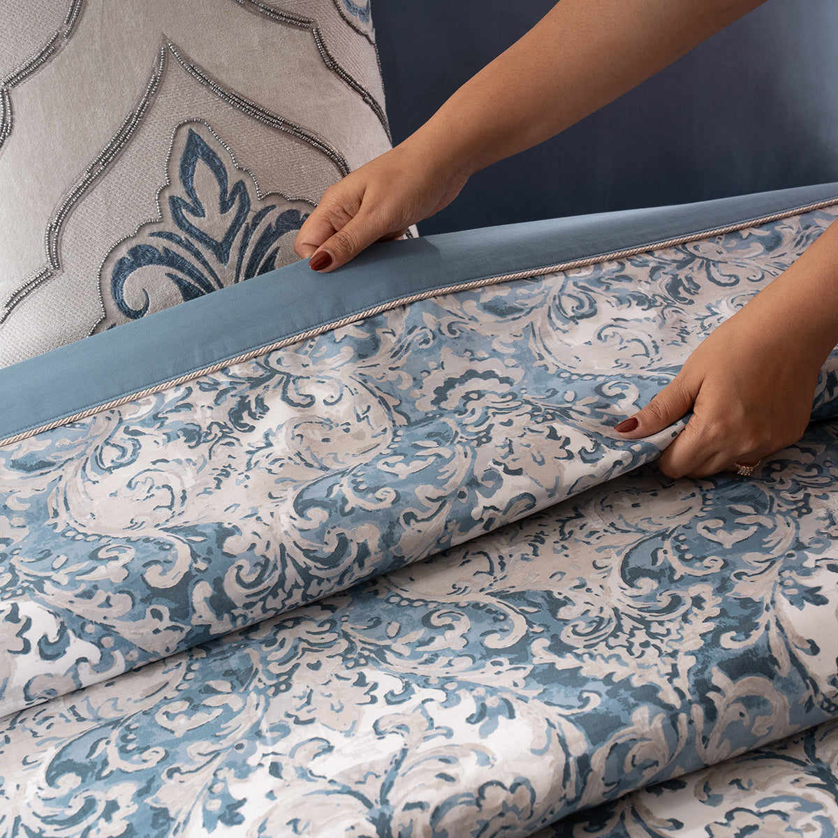 Duvet Cover Set 100% Cotton 8Pcs Blue Aquarelle Imperial Grace