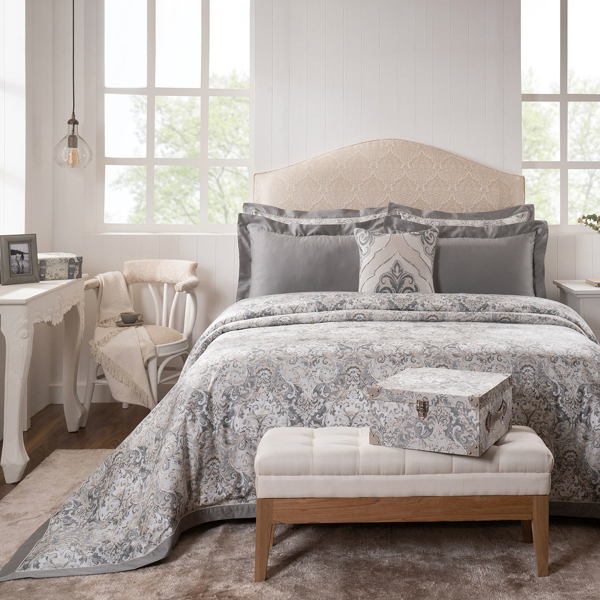 Duvet Cover Set 100% Cotton 8Pcs Grey Aquarelle Imperial Grace