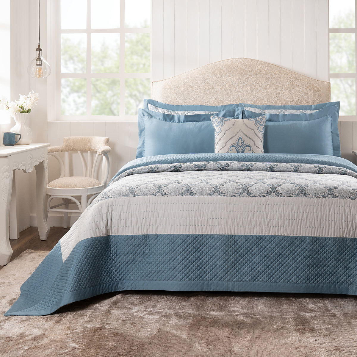 Quilt Set 100% Cotton 8Pcs Blue Damascene Imperial Grace