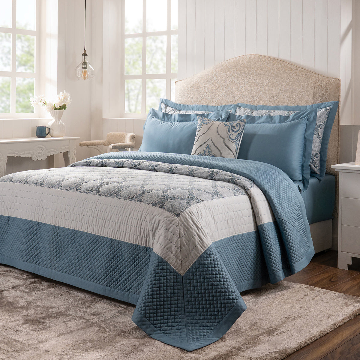 Quilt Set 100% Cotton 8Pcs Blue Damascene Imperial Grace