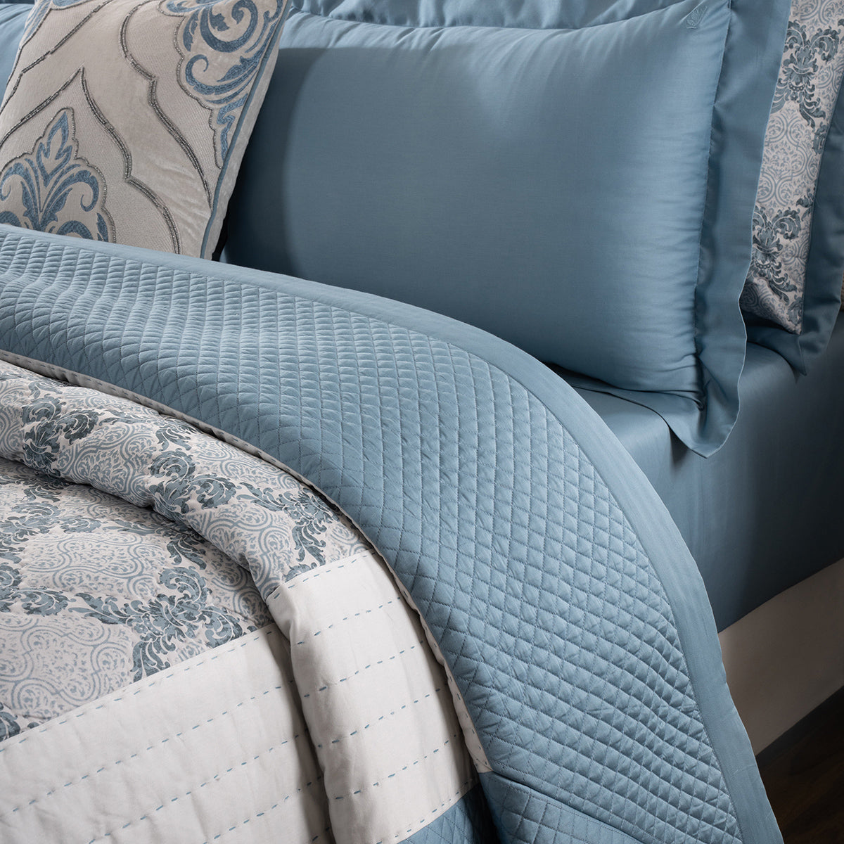 Quilt Set 100% Cotton 8Pcs Blue Damascene Imperial Grace