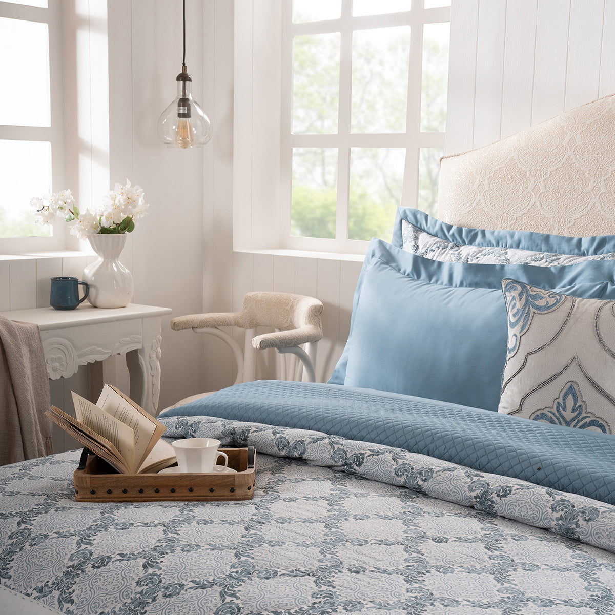 Quilt Set 100% Cotton 8Pcs Blue Damascene Imperial Grace