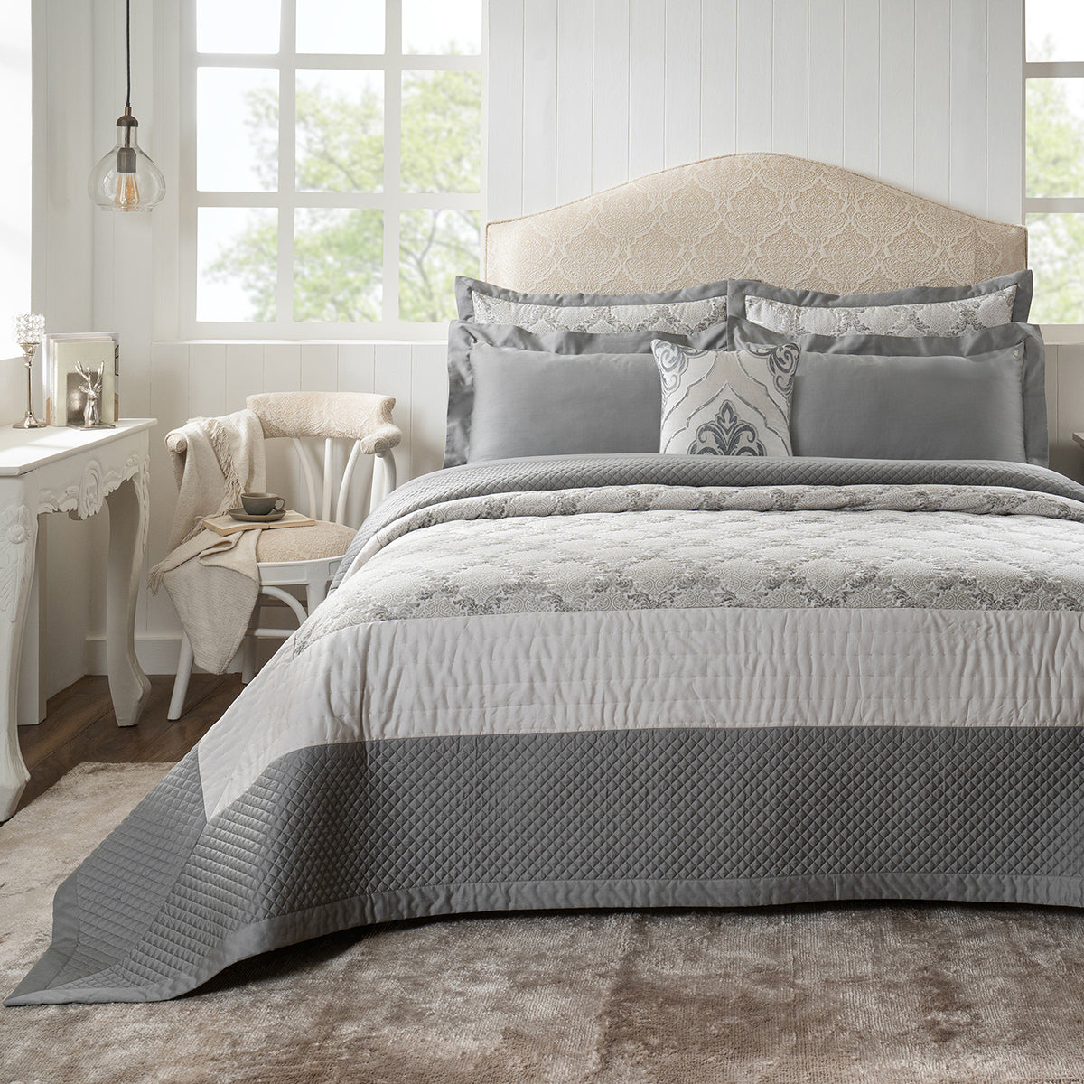 Quilt Set 100% Cotton 8Pcs Grey Damascene Imperial Grace