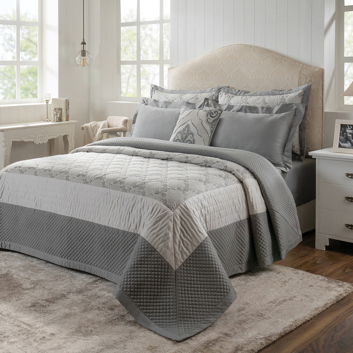 Quilt Set 100% Cotton 8Pcs Grey Damascene Imperial Grace