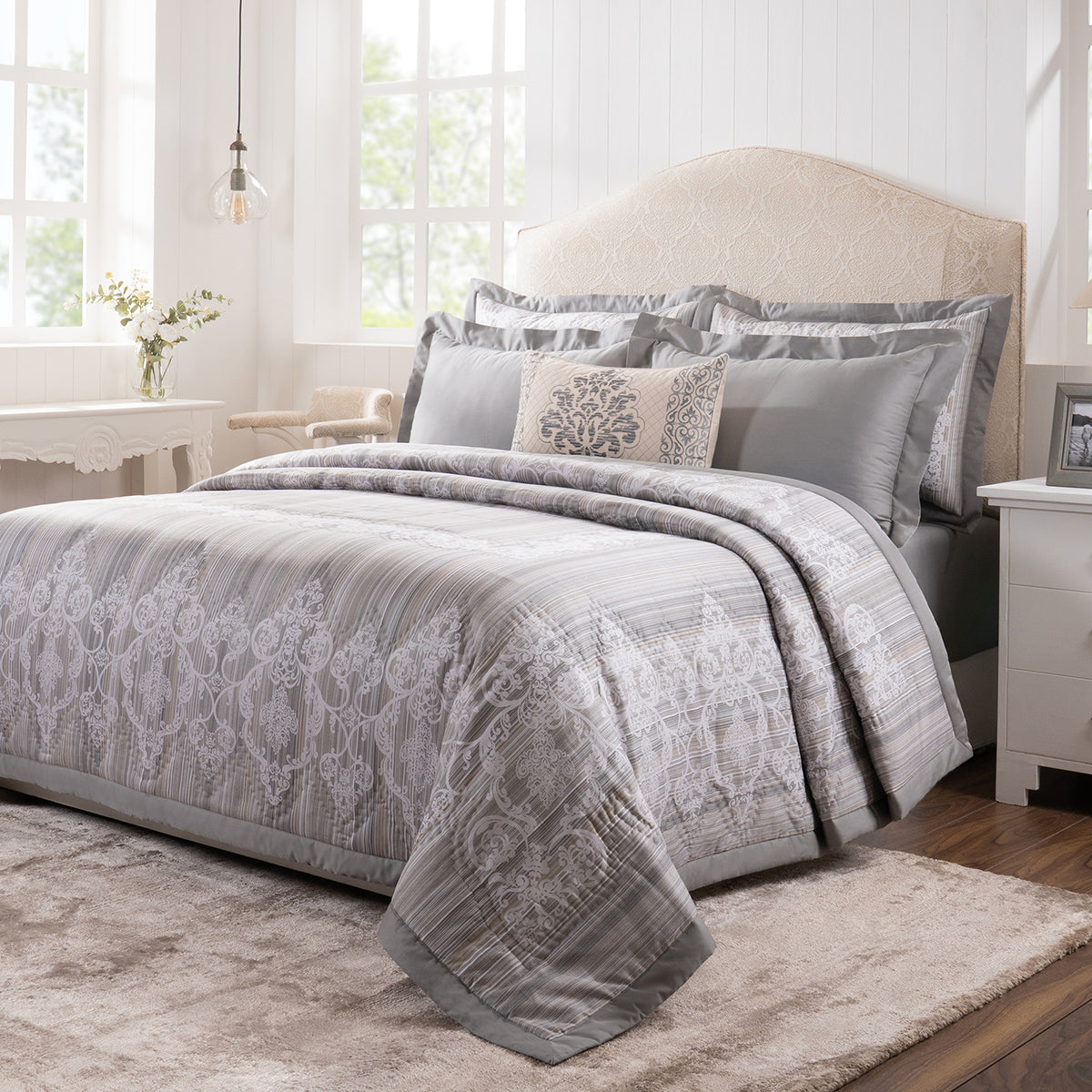 Quilt Set 100% Cotton 8Pcs Grey Veloura Imperial Grace