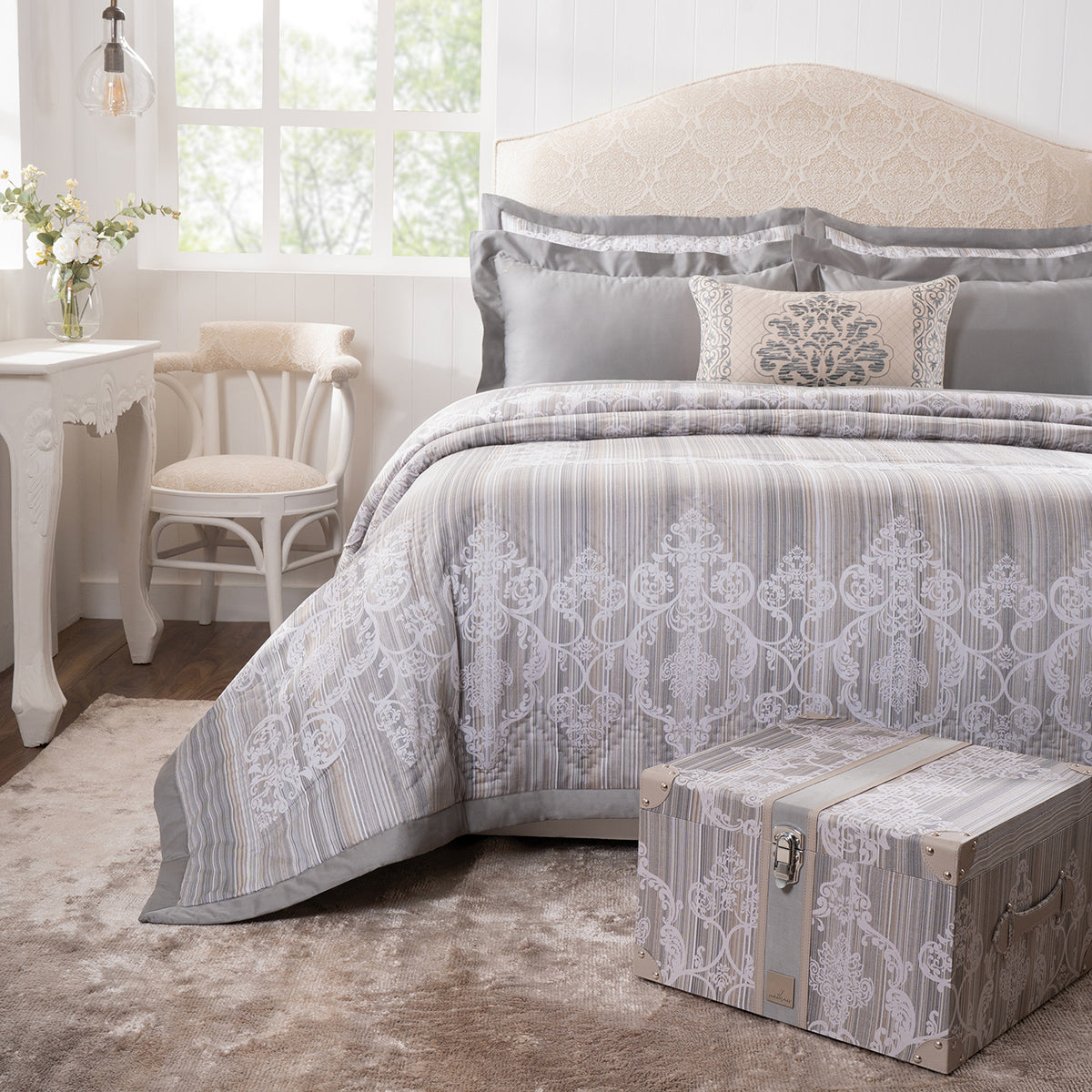 Quilt Set 100% Cotton 8Pcs Grey Veloura Imperial Grace