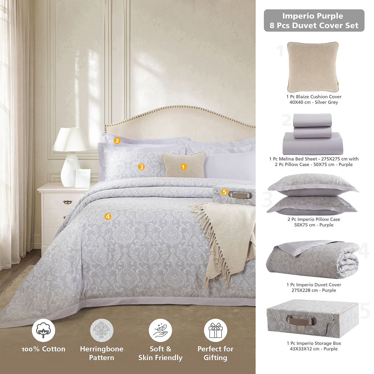 8 Pcs Duvet Cover Set 100% Cotton Purple Imperio