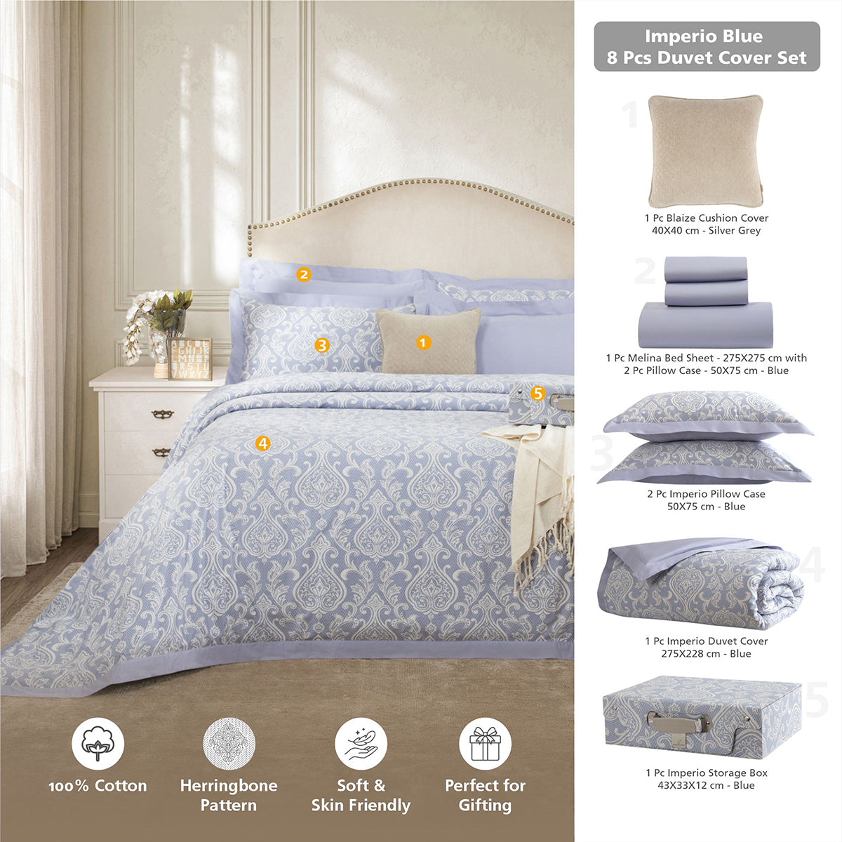 8 Pcs Duvet Cover Set 100% Cotton Blue Imperio