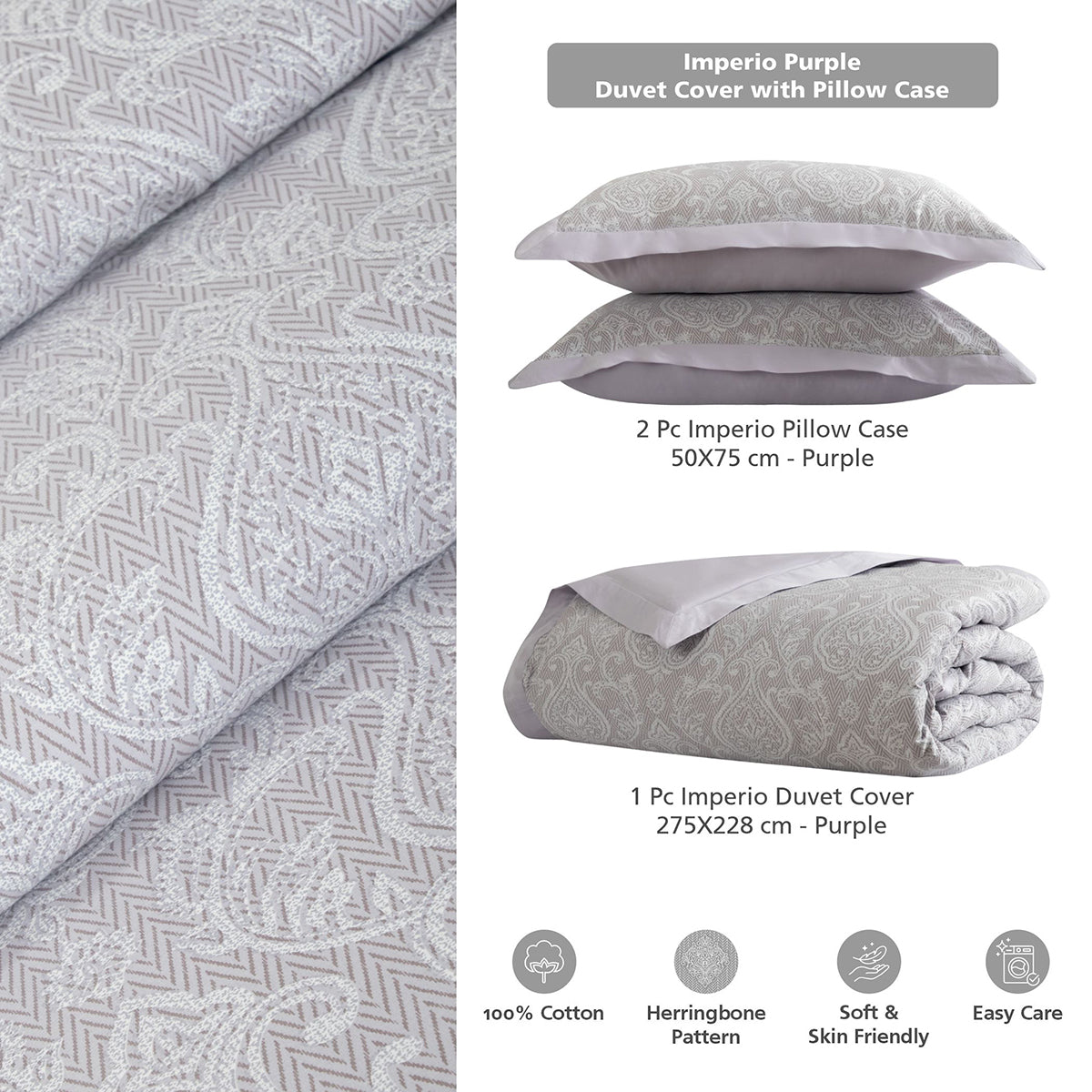 Duvet Cover with Pillow Case Purple 100% Cotton Imperio