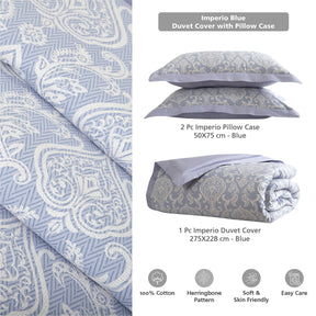 Duvet Cover with Pillow Case Blue 100% Cotton Imperio