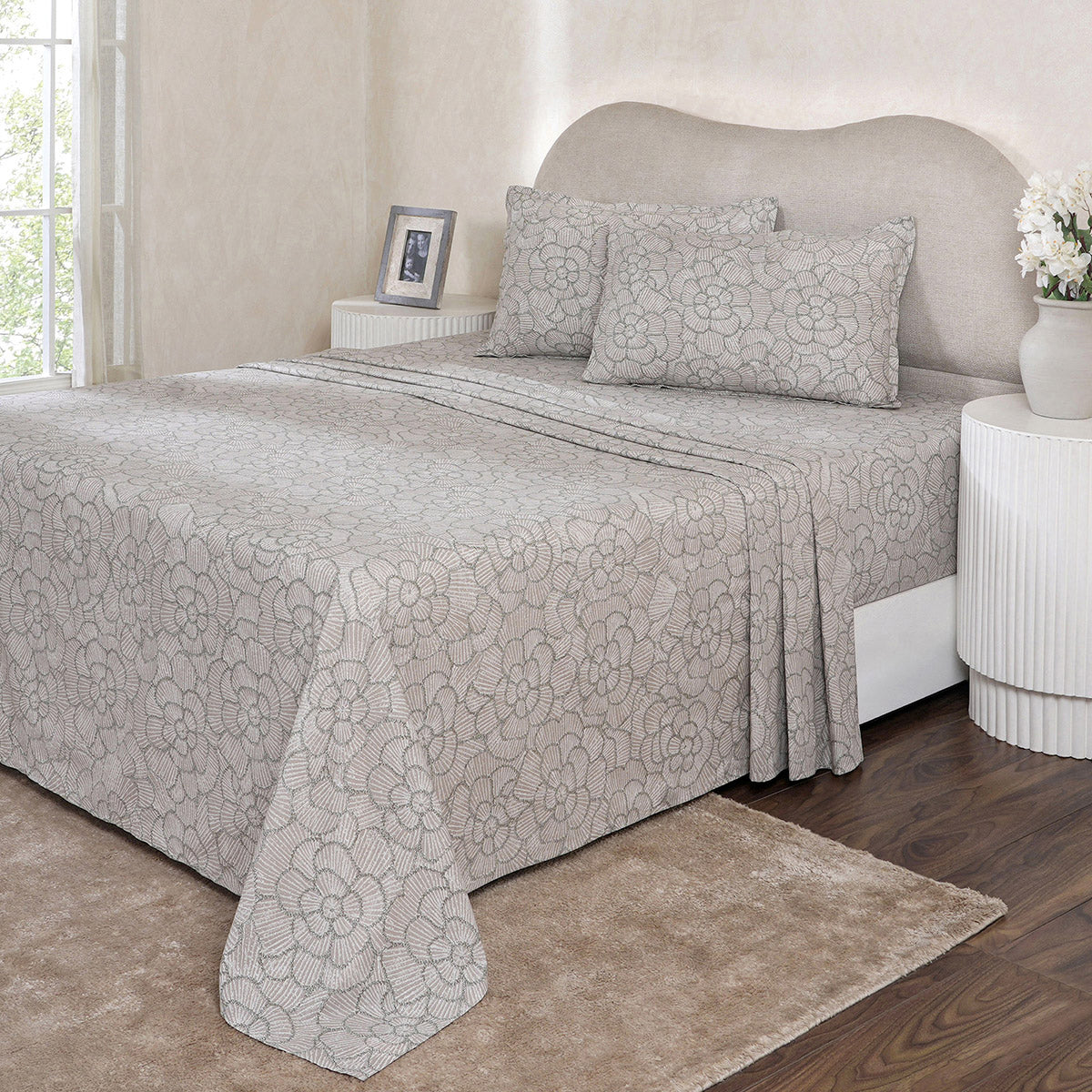 Hermosa Botanic Bloom Florique 100% Cotton Printed Bedsheet with Pillow Case Beige