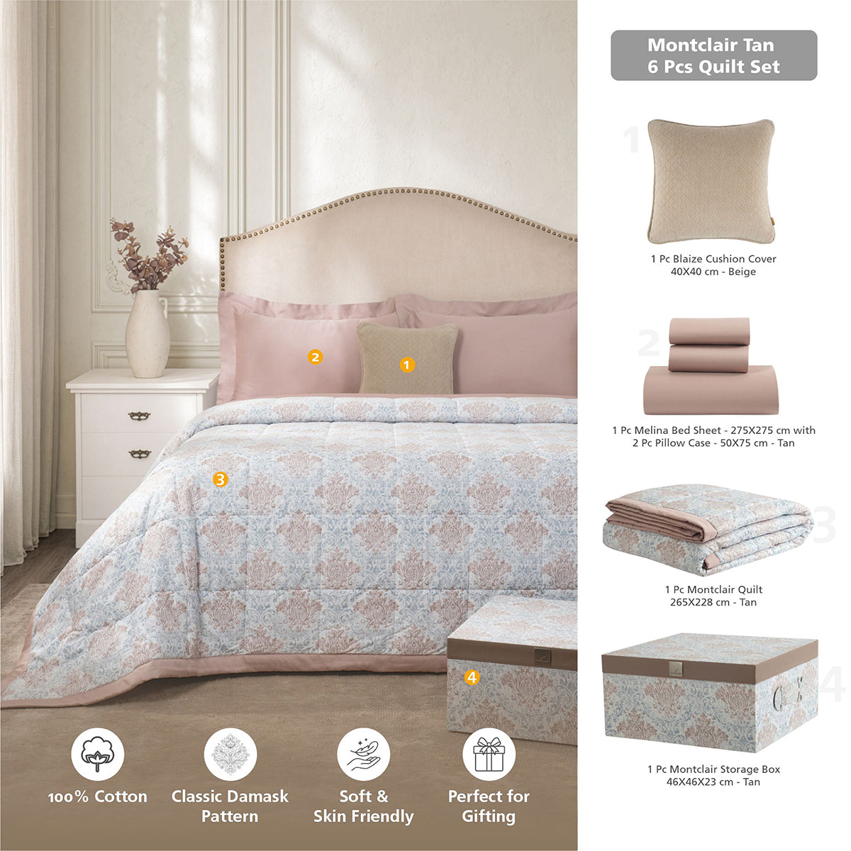 6 Pcs Quilt/Quilted Bed Cover Set Tan Montclair