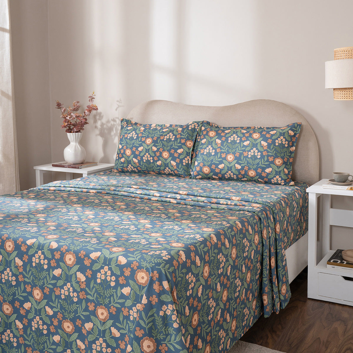 Bedsheet with Pillow Case 100% Cotton Verdant Heritage Garden Teal