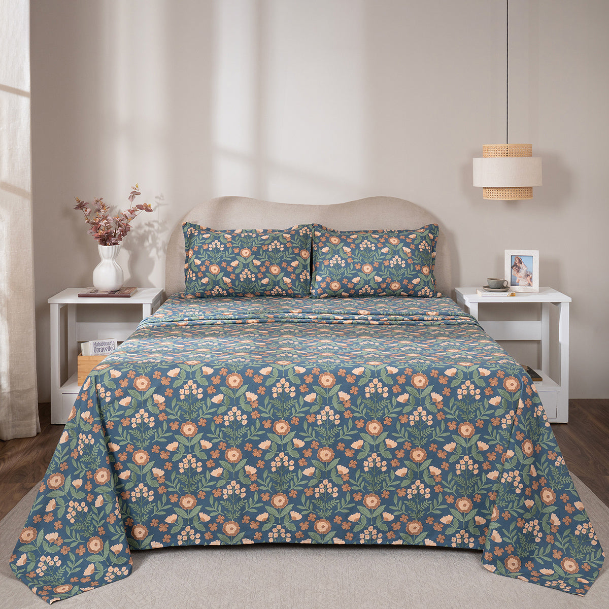 Bedsheet with Pillow Case 100% Cotton Verdant Heritage Garden Teal