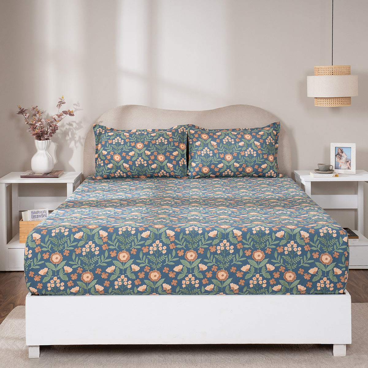Fitted Sheet with Pillow Case 100% Cotton Verdant Heritage Garden Teal