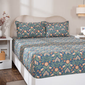 Fitted Sheet with Pillow Case 100% Cotton Verdant Heritage Garden Teal