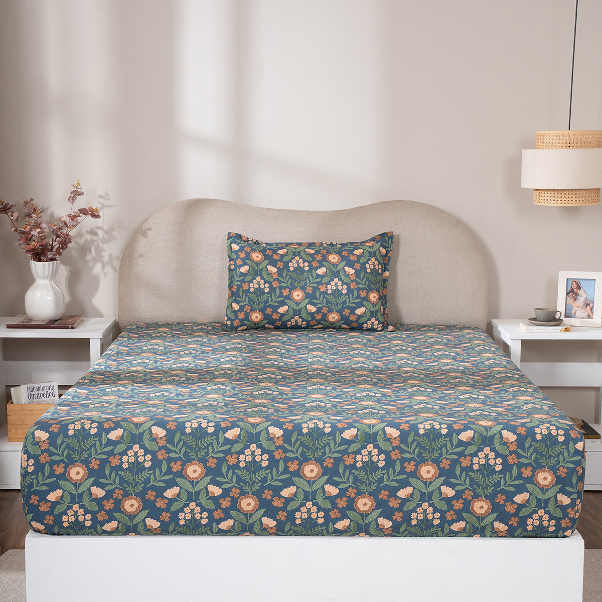Fitted Sheet with Pillow Case 100% Cotton Verdant Heritage Garden Teal