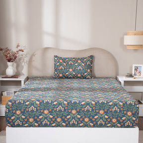 Fitted Sheet with Pillow Case 100% Cotton Verdant Heritage Garden Teal