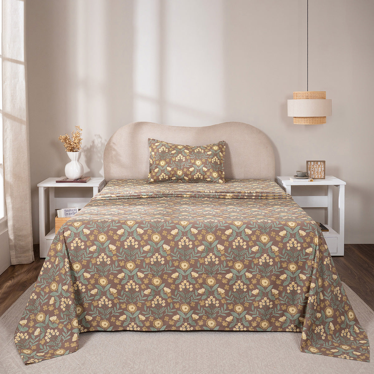Bedsheet with Pillow Case 100% Cotton Verdant Heritage Garden Rustic Brown