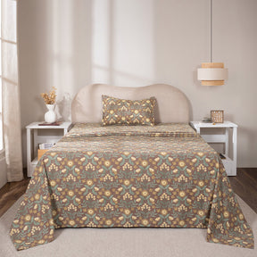 Bedsheet with Pillow Case 100% Cotton Verdant Heritage Garden Rustic Brown