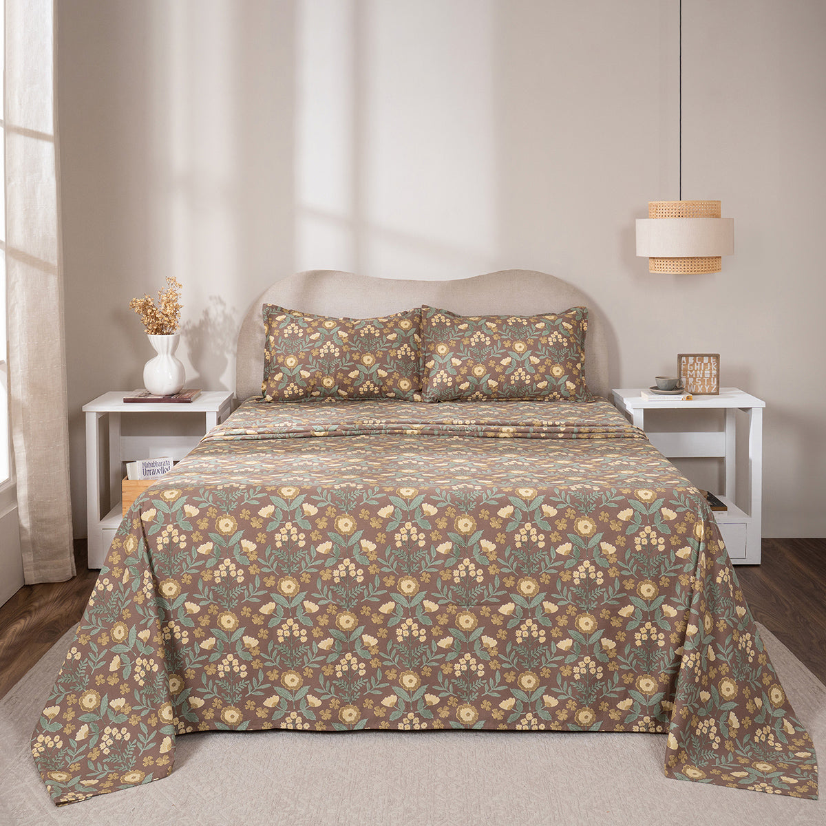 Bedsheet with Pillow Case 100% Cotton Verdant Heritage Garden Rustic Brown