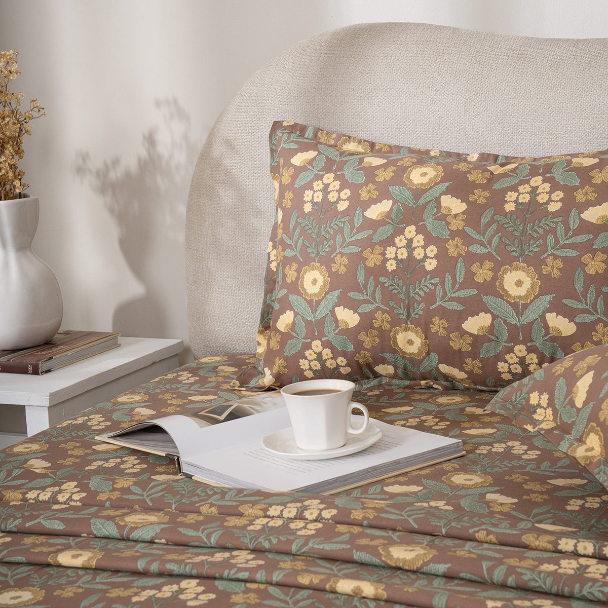 Bedsheet with Pillow Case 100% Cotton Verdant Heritage Garden Rustic Brown