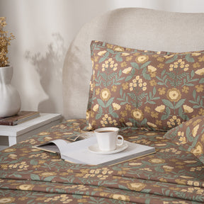 Bedsheet with Pillow Case 100% Cotton Verdant Heritage Garden Rustic Brown