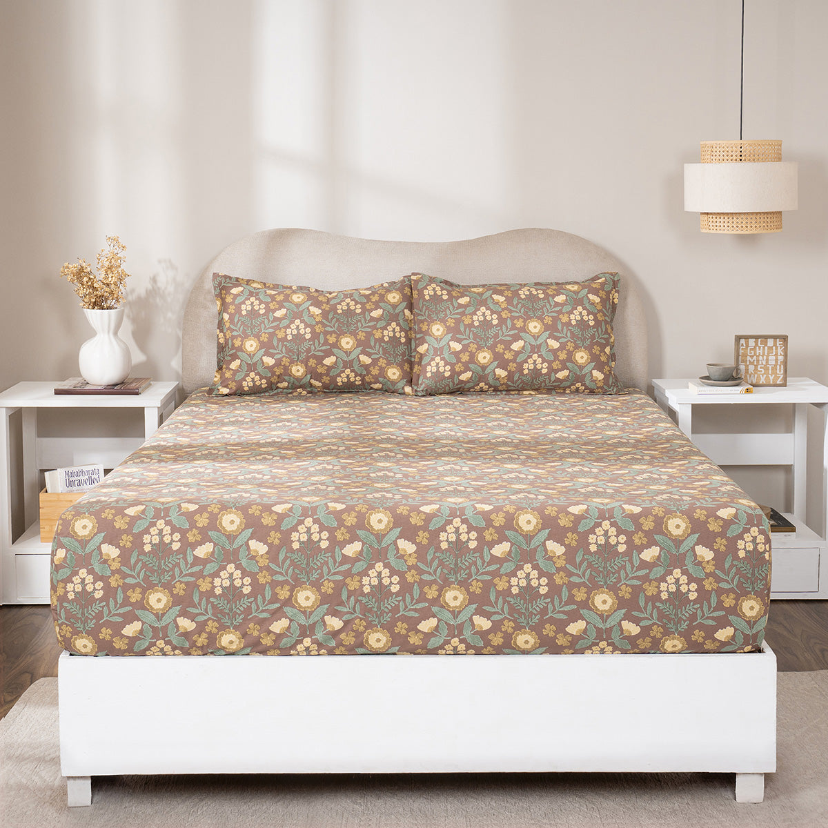 Fitted Sheet with Pillow Case 100% Cotton Verdant Heritage Garden Rustic Brown