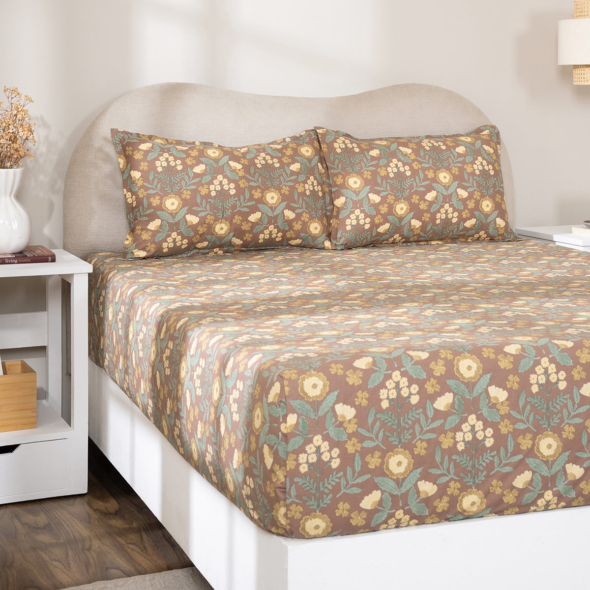 Fitted Sheet with Pillow Case 100% Cotton Verdant Heritage Garden Rustic Brown