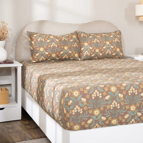 Fitted Sheet with Pillow Case 100% Cotton Verdant Heritage Garden Rustic Brown
