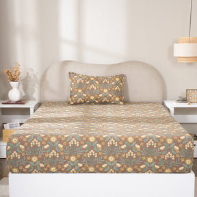 Fitted Sheet with Pillow Case 100% Cotton Verdant Heritage Garden Rustic Brown