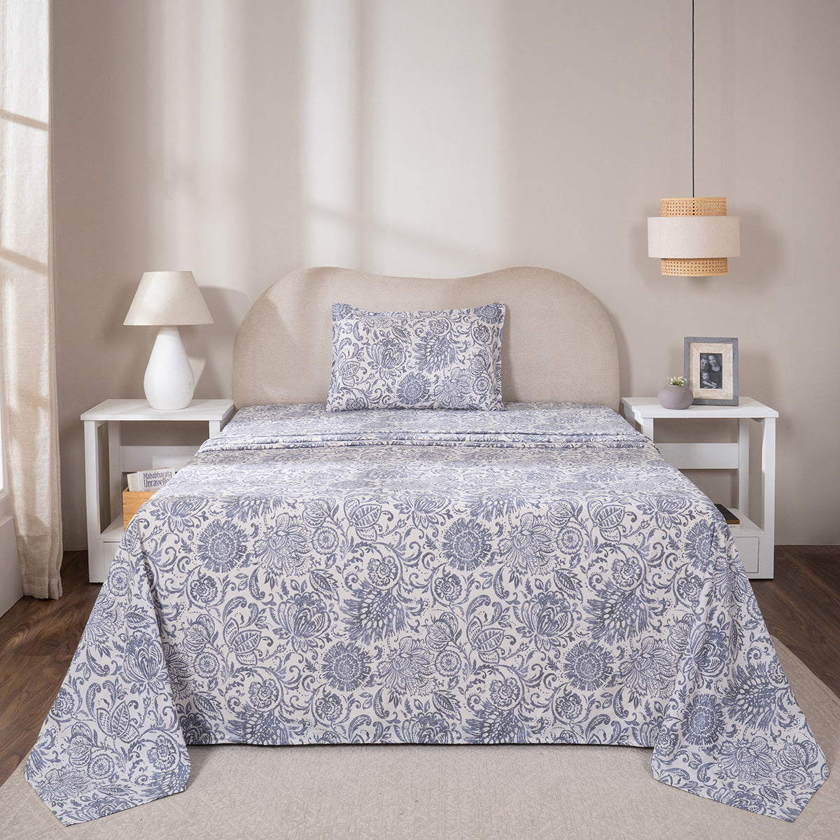 Bedsheet with Pillow Case 100% Cotton Brushed Jacobean Heritage Garden Dark Denim