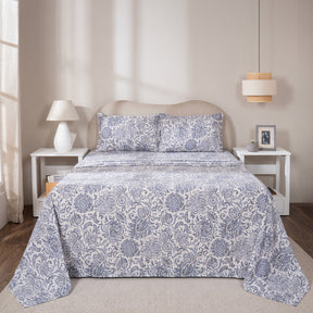 Bedsheet with Pillow Case 100% Cotton Brushed Jacobean Heritage Garden Dark Denim